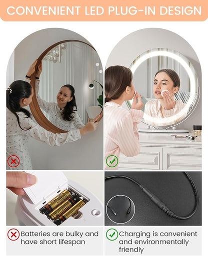 IDEALHOUSE 19 inch Makeup Mirror with Lights, Vanity Mirror with Smart Touch Control 3 Colors Dimmable Lights, 360°Rotation White Vanity Mirror for Bedroom, Tabletop and Desk Mirror