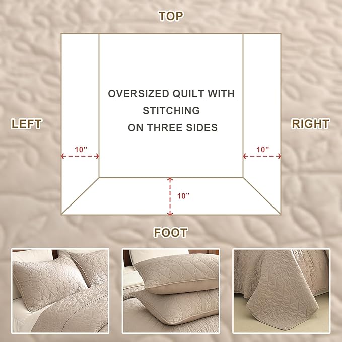 Sanracie Oversized King Quilt Bedspreads 128"*120", 100% Cotton Linen Colored Cal King Quilt Bedding Set Leaves Quilting Extra Wide Large Lightweight 3Pcs Coverlet King Size for All Season