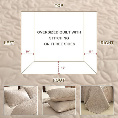 Sanracie Oversized King Quilt Bedspreads 128"*120", 100% Cotton Linen Colored Cal King Quilt Bedding Set Leaves Quilting Extra Wide Large Lightweight 3Pcs Coverlet King Size for All Season