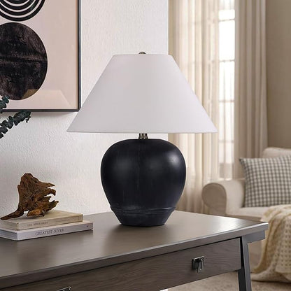 Pia Ricco 21'' Medium Size Black Glossy Ceramic Base Ceramic Basin Table Lamp for Bedroom, Living Room, Dining Room, Office, White Shade,Black Base