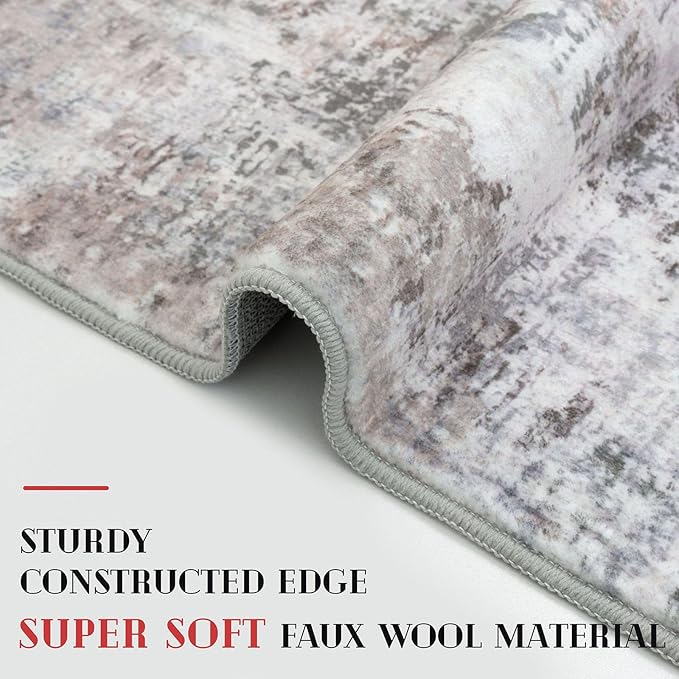 Modern Abstract 3x12 Runner Rug, Beige Grey Neutral Washable Long Kitchen Runner Non-Slip Soft Hallway Rug Runner Thin Print Faux Wool Floor Carpet for Entryway Hall Bedroom