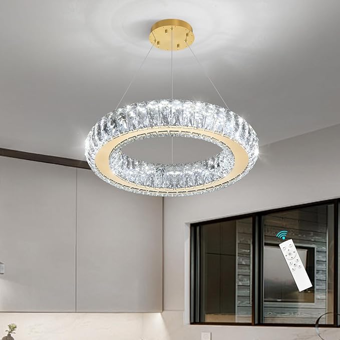 Modern Chandelier Crystal LED Dimmable Ring Pendant Lights Adjustable Hanging Lighting Chandeliers Fixtures for Dining Room Bedroom Kitchen Island Table Gold Light