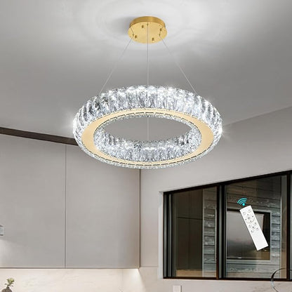 Modern Chandelier Crystal LED Dimmable Ring Pendant Lights Adjustable Hanging Lighting Chandeliers Fixtures for Dining Room Bedroom Kitchen Island Table Gold Light