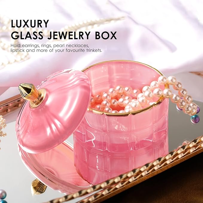 Glass Candy Dish Decorative Bowl, Apothecary Jars with Lids Bathroom Glass Jars for Cotton Ball or Cotton Swab Jewelry Storage Boxes with Lids, Crystal Pink Gifts for Women
