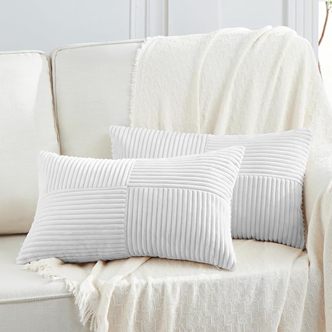 Fancy Homi 2 Packs White Lumbar Decorative Throw Pillow Covers 16x26 Inch for Living Room Couch Bed Sofa, Rustic Farmhouse Boho Home Decor, Soft Striped Corduroy Rectangle Accent Cushion Case 65x40 cm