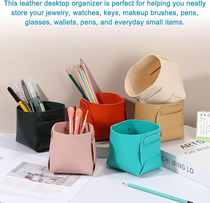 PATIKIL 2Pack Leather Desk Organizer, Leather Pencil Pen Holder Jewelry Valet Tray Hair Accessories Organizer for Bedroom Drawer Office Key Wallet Watch Pen Pencil Glasses, Light Gray