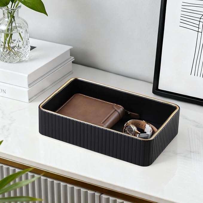 Desk Organizer Tray, PU Leather Valet Tray Nightstand Organizer Cologne Perfume Trays for Men Women, Decorative Vanity Trays Key Bowl Trinket Dish (Black, 9.5" x 6" x 2.2")