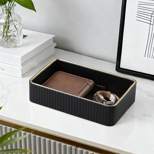 Desk Organizer Tray, PU Leather Valet Tray Nightstand Organizer Cologne Perfume Trays for Men Women, Decorative Vanity Trays Key Bowl Trinket Dish (Black, 9.5" x 6" x 2.2")
