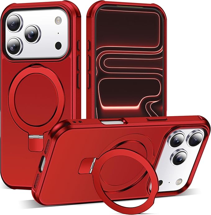 Compatible with iPhone 17 Pro Case with Invisible Magnetic O-Ring Stand Military-Grade Phone Case for iPhone 17 Pro 6.3" [Compatible with Mag-Safe][Great Grip Feeling], Red
