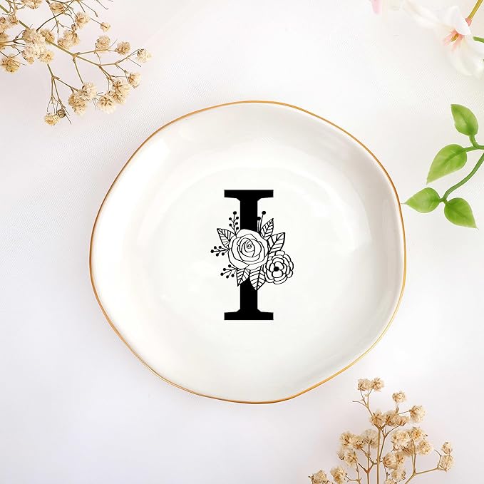 JoycuFF Initial I Ceramic Jewelry Tray, Bridesmaid Bride Gifts, Mothers Day Christmas Anniversary Engagement Birthday Gifts for Women Couples, Trinket Dish for Rings Earrings Necklaces Bracelets Keys