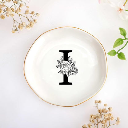 JoycuFF Initial I Ceramic Jewelry Tray, Bridesmaid Bride Gifts, Mothers Day Christmas Anniversary Engagement Birthday Gifts for Women Couples, Trinket Dish for Rings Earrings Necklaces Bracelets Keys