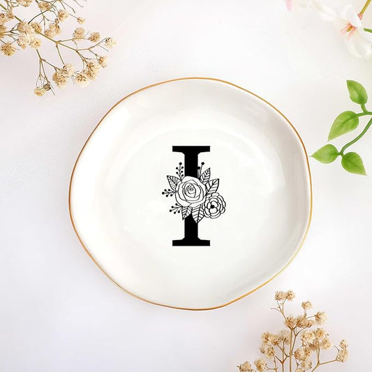 JoycuFF Initial I Ceramic Jewelry Tray, Bridesmaid Bride Gifts, Mothers Day Christmas Anniversary Engagement Birthday Gifts for Women Couples, Trinket Dish for Rings Earrings Necklaces Bracelets Keys