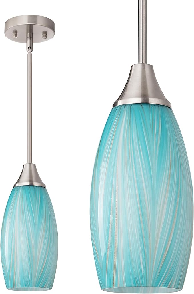 EDISHINE Pendant Lights Kitchen Island, Blue Handcrafted Art Glass Hanging Light, Blown Glass Pendant Light Fixtures Teal with Gold, Adjustable Brushed Nickel Rods, Hardwired Over Island Bar E26