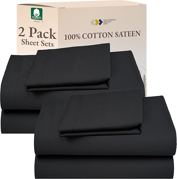 California Design Den 100% Cotton 2-Pack Twin Size Bed Sheets, Soft & Durable Cotton Twin Sheet Sets with Deep Pockets, Twin Sheet Set with Sateen Sheets - Dark Grey (Black Tone)
