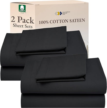 California Design Den 100% Cotton 2-Pack Twin XL Sheet Sets, Soft Extra Long Twin Bed Sheets, Deep Pocket Sheets, Twin XL Sheets Sateen, Dorm Essentials for Guys - Dark Grey (Black Tone)