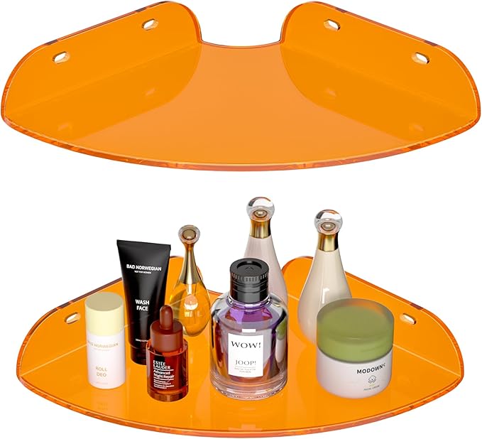 Sezanrpt 7x7 Inch Corner Shelf Wall Mount Set of 2, Orange Acrylic Corner Floating Shelves, Corner Wall Organizer Shelf for Bathroom, Kitchen, Bedroom, Living Room, Dining Room, Office