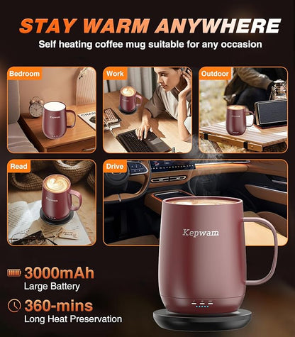 Kepwam Self Heating Coffee Mug T2, 16oz Smart Heated Coffee Mug, 150 Min Battery Life - Hot up to 149℉ Temperature Control Coffee Mug Warmer, Gifts for Dad Mom (No APP)