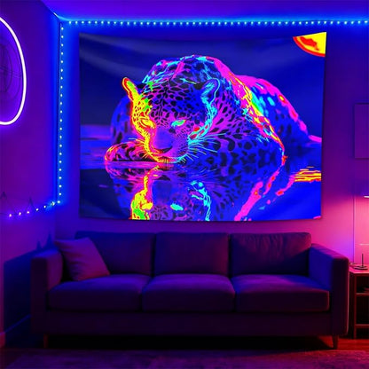 seewan Black Light Leopard Tapestry, UV-Reactive Purple Jaguar Water Reflection Wall Hanging, Psychedelic Wildlife Art Wall Decoration for Bedroom, Dorm, or Living Room