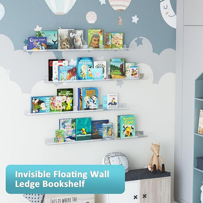 Albumgit 4 Pack Acrylic Shelves for Wall Storage, Self-Adhesive 15" Clear Floating Shelf for Pop Figures, Picture, Perfume, Books, Wall Shelf Organizer for Bathroom, Living Room, Bedroom, Kitchen