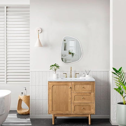White Irregular Bathroom Mirror Modern Oval Wall Mirror Asymmetrical Wooden Framed Wall Mirror Unique Shape Wall Mounted Vanity Artistic Mirror Decor for Living Room Bedroom Entryway Small 14"x10"