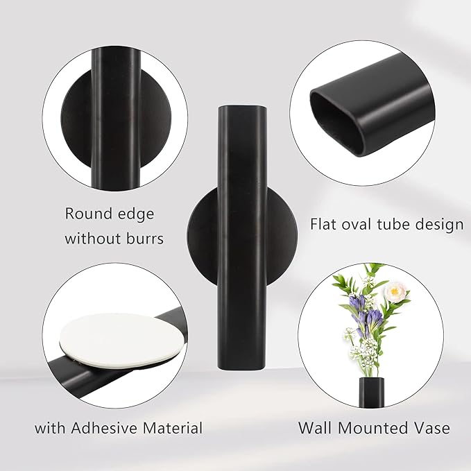 6.3" Wall-Mounted Flower Tube, Top/Bottom Open Vase, Adhesive Metal Flower Open Tube Decoration Holder for Flower Display, Home Office Living Room Bedroom Decoration, 2pcs(Black)