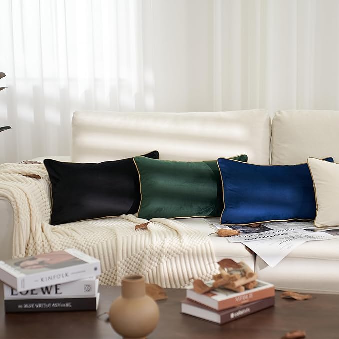 Aeckself Pack of 2 Pure Black Velvet Lumbar Pillow Covers, Modern Luxury Decorative Pillowcase with Gold Trim Edge, Comfortable Soft Solid Cushion Case for Couch Bedroom Living Room 12 x 20 Inch