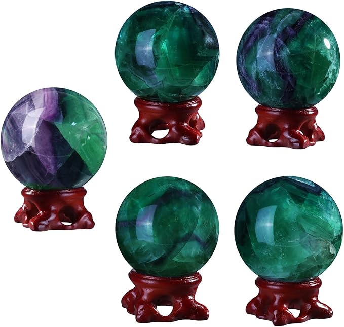 SUNYIK Natural Fluorite Ball Sphere with Resin Stand Polished Crystal Sphere Stone Figurine Decor for Home Office Tabletop, 2-2.3"(51-60mm)
