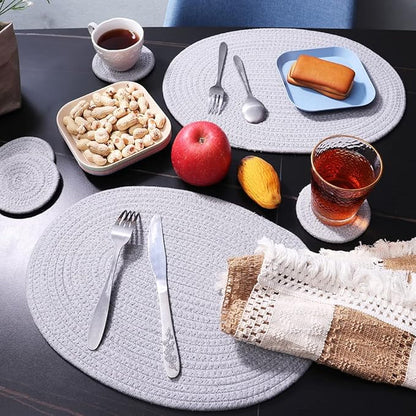 4 Pack Oval Woven Cotton Rope Placemats - Grey Braided Plate Chargers 12 * 16 Inch Farmhouse Boho Vintage Heat Resistant Outdoor Tablemats for Patio, Wedding Party