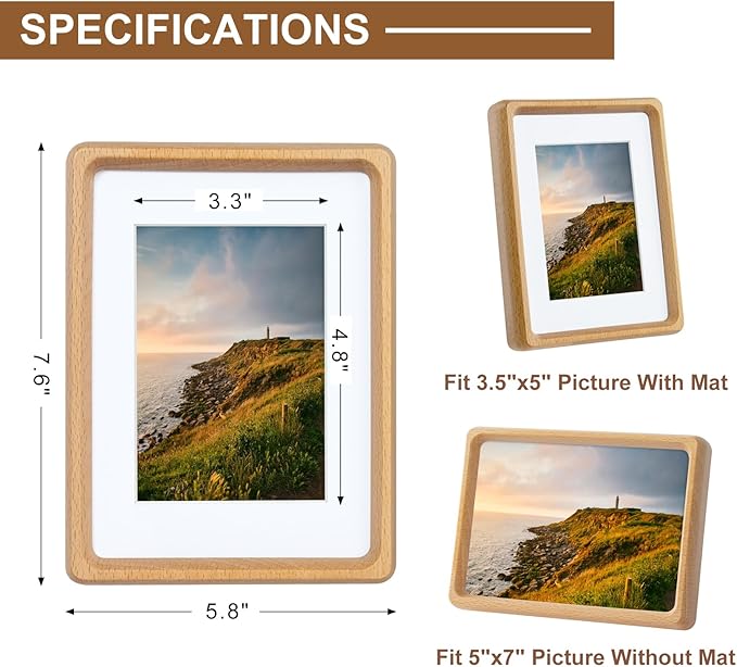 TEYCLZORE 5x7 Natural Wood Picture Frame, Handmade Beech Wood Photo Frame, Display 3.5x5 Picture with Mat or 5x7 Without Mat, Tabletop Display and Wall Hanging