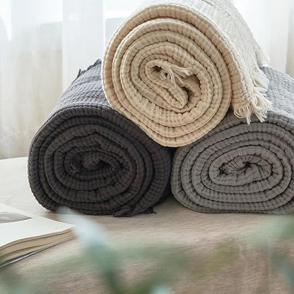 MorroMorn 100% Cotton Muslin Blanket with Fringes Twin Size 60"x80", 4-Layer Gauze Blankets for Adults, Boho Bedding Breathable Lightweight Ultra-Soft for Couch Bed All Seasons, Grey
