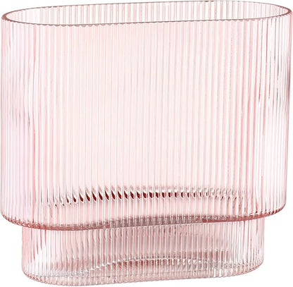 Ribbed Glass Vase, Pink Glass Vase, Fluted Short Vases for Flowers, Modern Vases for Living Room, Dining Room, Bathroom, Desk, Shelf, Wedding, Office, 7 Inches