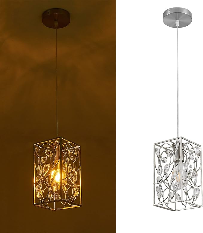 Modern Mini Crystal Pendant Light with Metal Cage 1-Light Rectangular Pendant Lighting Fixture for Kitchen Island Sink Countertop Dining Room Farmhouse, Brushed Nickel Finish