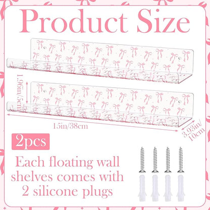 Honeydak 2 Pcs Pink Bow Acrylic Floating Shelves 15 Inch Coquette Acrylic Wall Shelves Pink Bow Display Wall Mounted Bookshelf for Bathroom Bedroom Living Room Kitchen Room Decor