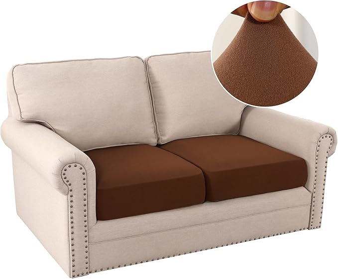 H.VERSAILTEX Fleece Couch Cushion Covers Stretch Loveseat Covers for 2 Cushion Couch Loveseat Covers Comfortable and Durable Fabric (2 Piece Loveseat Cushion Cover, Caramel)