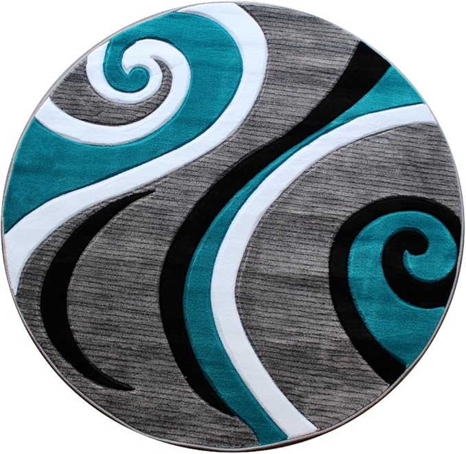 Masada Rugs Sophia Collection Hand Carved Round Area Rug Modern Contemporary Turquoise Grey White Black (4 Feet X 4 Feet) Round