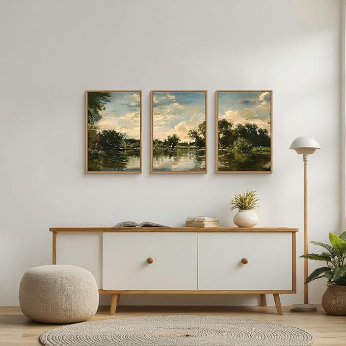 Large Natural Forest and Lake Framed Canvas Wall Art,Modern Countryside Wall Decor,Vintage Neutral Landscape Artwork,Rustic Antique Scenery Art Print for Living Room,Bedroom,Office- 16"x24"x3