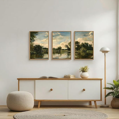Large Natural Forest and Lake Framed Canvas Wall Art,Modern Countryside Wall Decor,Vintage Neutral Landscape Artwork,Rustic Antique Scenery Art Print for Living Room,Bedroom,Office- 16"x24"x3