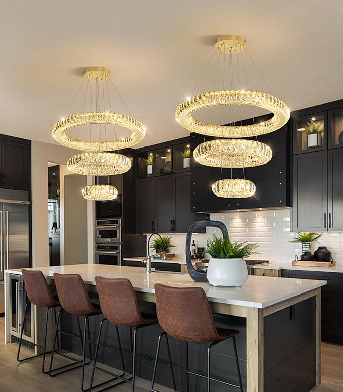 3 Rings LED Chandelier Modern Dimmable Dining Room Chanderliers Entryway Crystal Pendant Lights for Kitchen Bedroom Living Room Gold Light