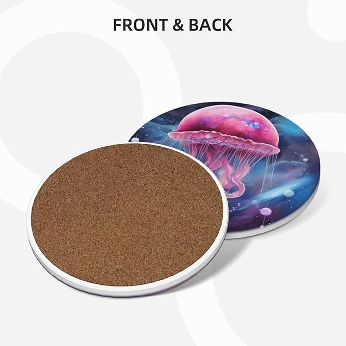 6 Pcs Ceramic Coasters with Holder Absorbent Drink Round Fantasy Galaxy Gellyfish Design for Home Table Coffee Cup Wine Beer Bar,Size 4.4 inches