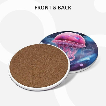 6 Pcs Ceramic Coasters with Holder Absorbent Drink Round Fantasy Galaxy Gellyfish Design for Home Table Coffee Cup Wine Beer Bar,Size 4.4 inches