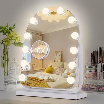Makeup Mirror with Lights-3 Modes,Smart Touch Control,Detachable 10X Magnification,15.7"×11.8" Hollywood Vanity,360° Rotation （White）
