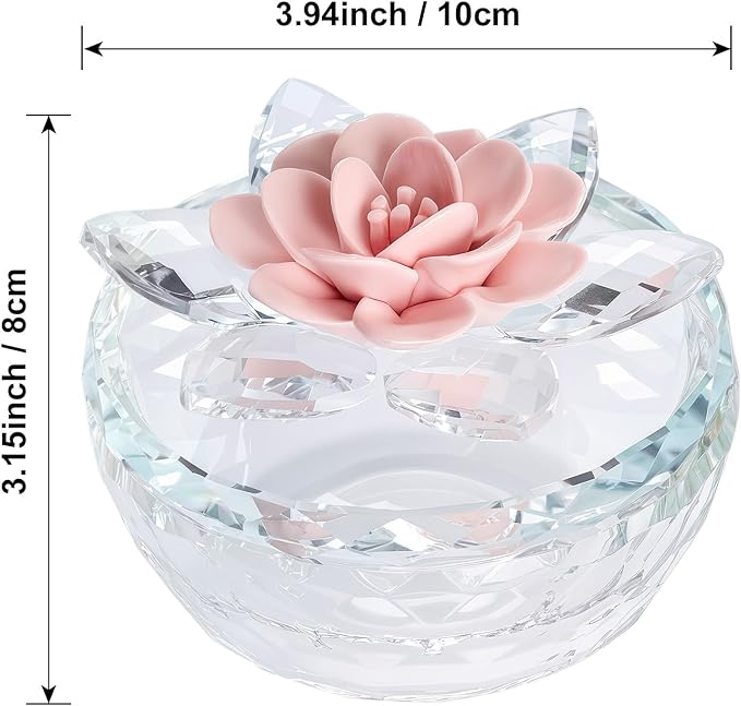 Crystal Jewelry Box, Small Glass Trinket Jar with Lid, Clear Lotus Flower Storage Holder for Women, Elegant Organizer Dish for Ring, Earrings, Necklace, Gift (Pink Flower)