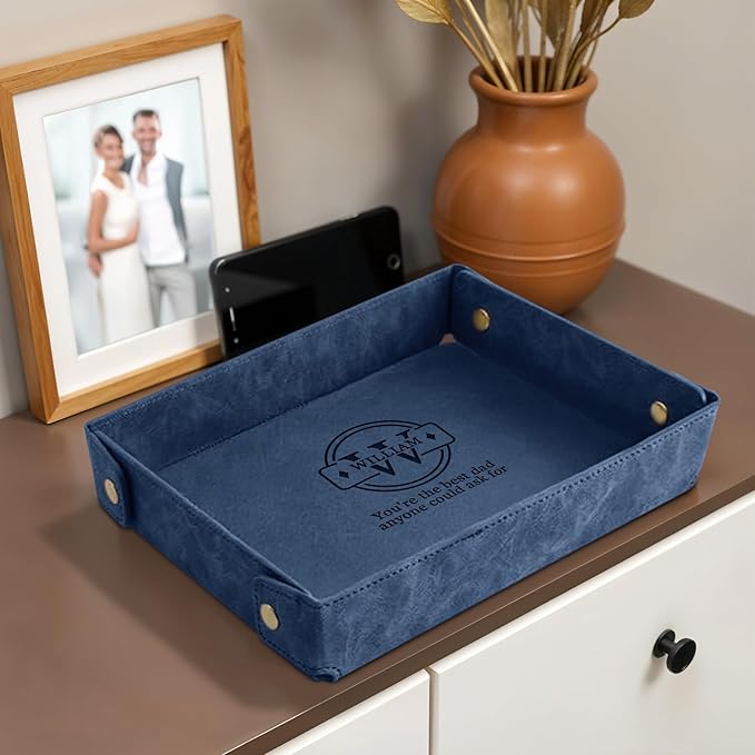 Engraved Father’s Day Leather Valet Tray – Personalized Leather Catch All with Custom Name – Men’s Valet Tray Organizer for Keys, Watches, and Jewelry – Unique Dad Gift from Daughter or Son - Blue