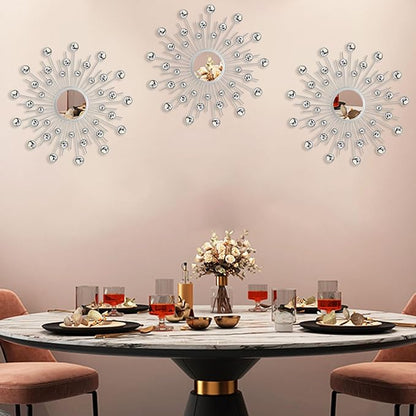 Uaussi 3 Pack Crystal Sunburst Wall Mirror Décor Rhinestone Mirrors Decorative Home Wall Art for Living Room Bedroom Entryway(Crystals Silver)