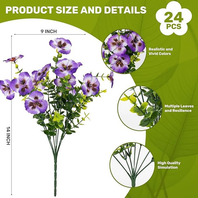 Artificial Flowers, 24 Bundles, Decorative Bouquets for Home, Wedding, Garden, Office Decor (Purple White)