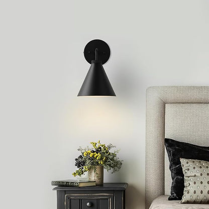 Retro Industrial Metal Cone Sconce Light - Vintage Inspired Modern Black Wall Sconce with Metal Shade, Wall Mount Lighting for Bedroom, Hallway, Living Room (10.5“W x 10.5" L x 12.5" H Black)