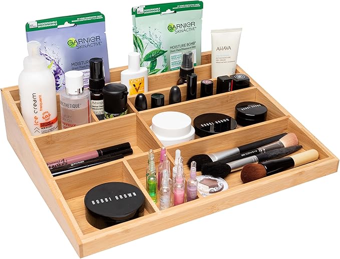Theodore Bamboo Desktop Organizer – 10‑Compartment Natural Wood Storage Tray for Office, Home, Kitchen & Vanity – No Assembly, Water‑Resistant, Eco‑Friendly
