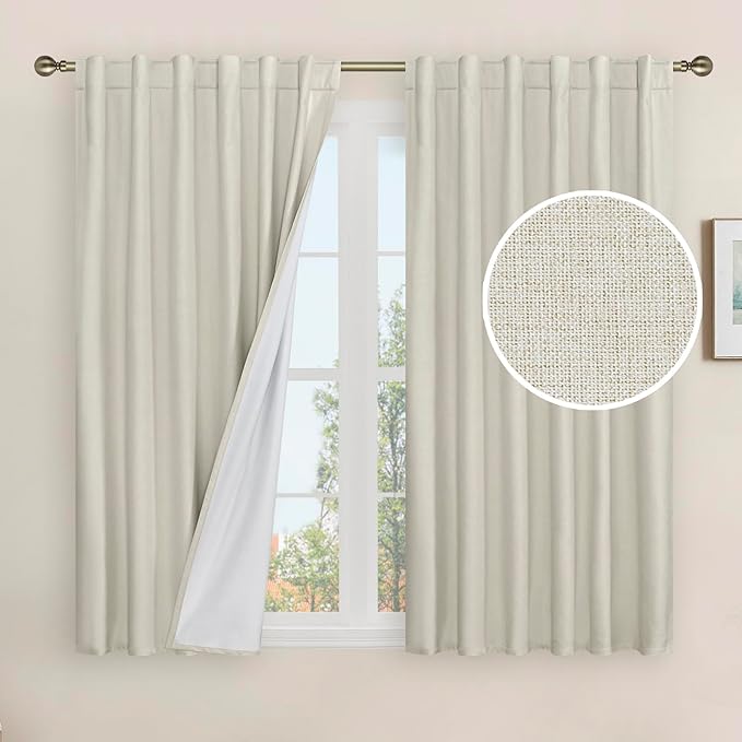 LAMIT Full Blackout Window Linen Curtains for Bedroom, 54 Inches Thermal Window Curtains Back Tab and Rod Pocket Privacy Protected Burlap Panels with White Liner, 2 Panels, 52 x 54 Inch, Stone