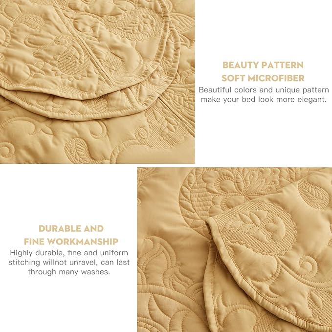 HZ & HY Oversized King Bedspread 138x122 Extra Wide, Quilted Coverlet Bedding Set, Lightweight Thin Comforter, Reversible, Luxurious, 5 Piece, 100% Microfiber, California/Alaskan King, Honey Gold