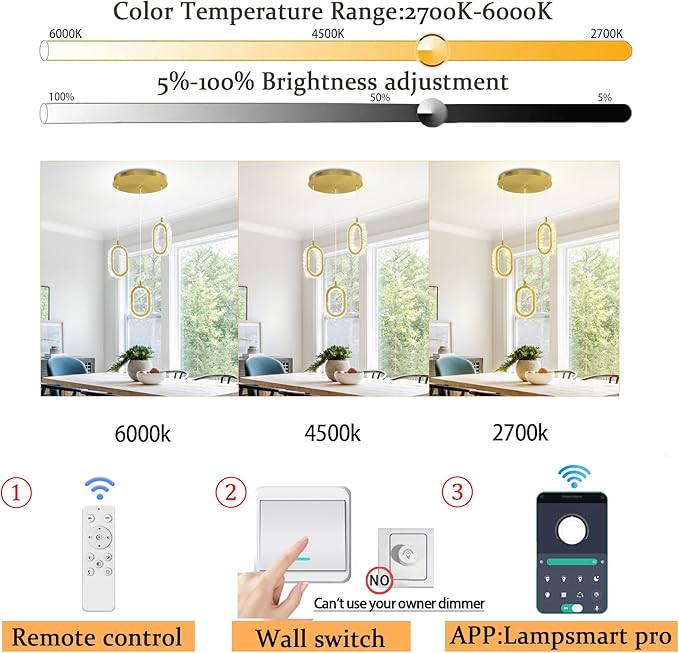 Dimmable Oval Ring Pendant Light Modern LED Crystal Ring Chandelier for Dining Room Bedroom Living Room Pendant Lights for Kitchen Island Adjustable 3-Light Gold